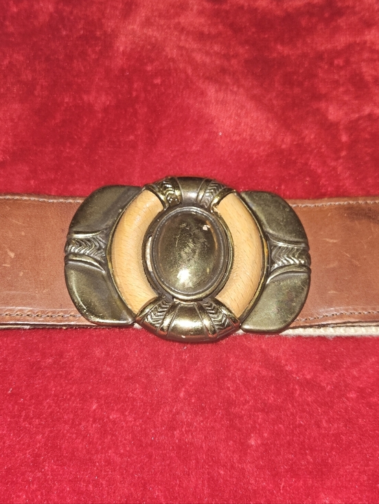 Omega Vintage Boho Beige Canvas Belt w/Brown Leather & Brass Buckle-Size M/L